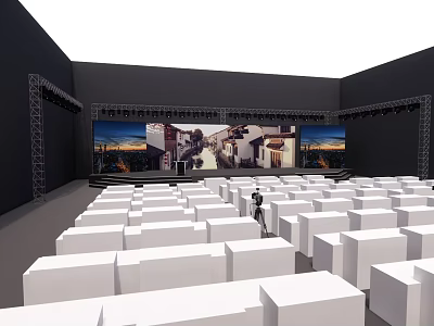 Large Conference Hall With White Seats Stage Projection Screen And Lighting 3d model