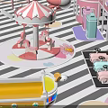 Colorful Playground Design With Pink Carousel Pink Cars Yellow Boat And Striped Floor
