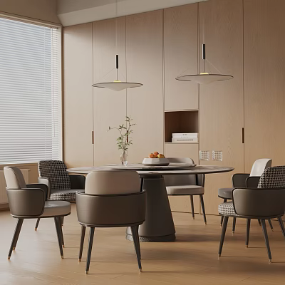 Modern Dining Table Set With Round Table Upholstered Chairs Pendant Lights And Wooden Cabinetry 3d model