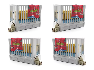Baby Crib With Red Blanket Yellow Mattress And Teddy Bear 3d model