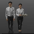 Two Professional Waitstaff in White Shirts and Dark Pants Standing with Tray of Teacups