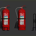 Industrial Fire Safety Equipment Featuring Red Extinguishers And Black Metal Bracket
