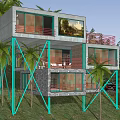 Modern Detached Villa with Large Glass Windows Red Railings and Gravel Driveway by Tall Trees