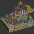 Cartoon Scenic Miniature Featuring Small Wooden House Red Boat Dock and Trees