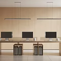 Modern Office Desk With Three Computer Monitors White Mugs CPU Towers And Long Pendant Lights