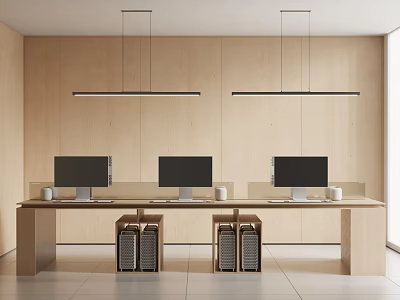 Modern Office Desk With Three Computer Monitors White Mugs CPU Towers And Long Pendant Lights 3d model