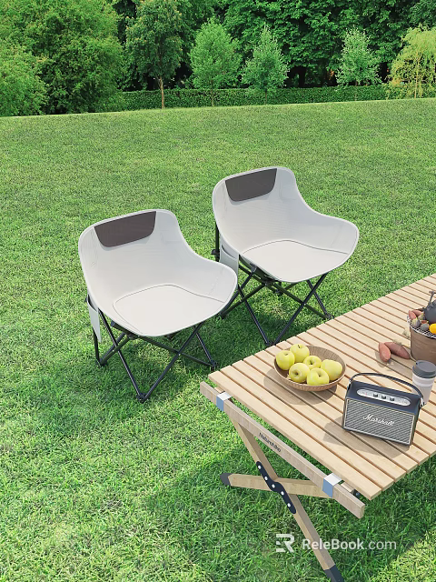 White Foldable Outdoor Chairs With Gray Accents On Lawn And Wooden Table With Fruits 3d model 