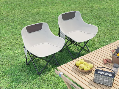 White Foldable Outdoor Chairs With Gray Accents On Lawn And Wooden Table With Fruits 3d model