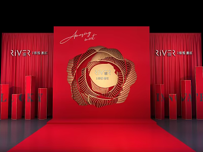 Red Themed Photo Check In Spot With Golden Floral Decoration And Red Carpet 3d model