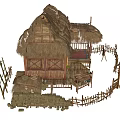 Traditional Wooden House With Thatched Roof Stone Wall And Wooden Fence
