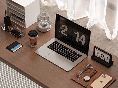 Modern Laptop on Wooden Desk with Coffee Cup Smartphone Glasses Calendar and Organizer 3d model