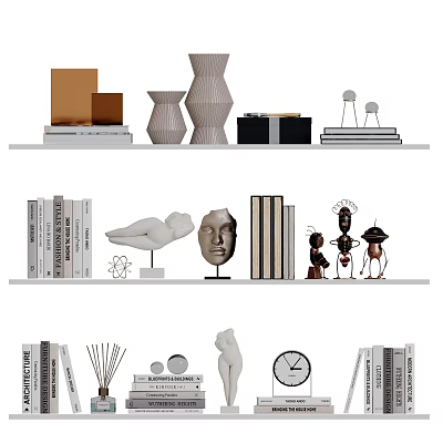 Modern Decorative Ornament Collection With Books Sculptures Vases Clock Geometric Ornaments On Shelves 3d model