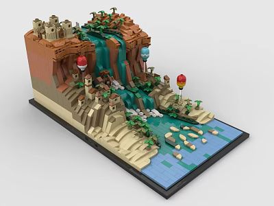Building Blocks Model Featuring Waterfall Castle Colorful Balloons Green Foliage And Water Pond 3d model