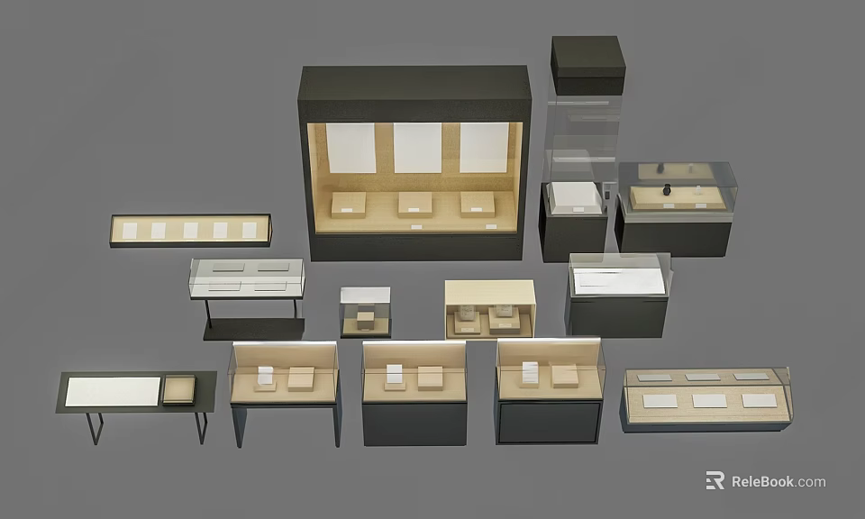 Various Display Shelves With Glass And Wooden Structures For Merchandise Display In Different Sizes 3d model 