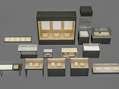 Various Display Shelves With Glass And Wooden Structures For Merchandise Display In Different Sizes 3d model