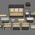 Various Display Shelves With Glass And Wooden Structures For Merchandise Display In Different Sizes