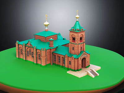 Historic Red Brick Architecture With Green Roof Golden Domes Tower And Arched Doorway 3d model