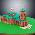 Historic Red Brick Architecture With Green Roof Golden Domes Tower And Arched Doorway