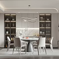 Modern Elegant Dining Room Interior With Round Table White Chairs Pendant Light And Display Cabinets