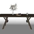 Modern Wooden Dining Table With X Shaped Legs Vase Plate And Glass Decorations