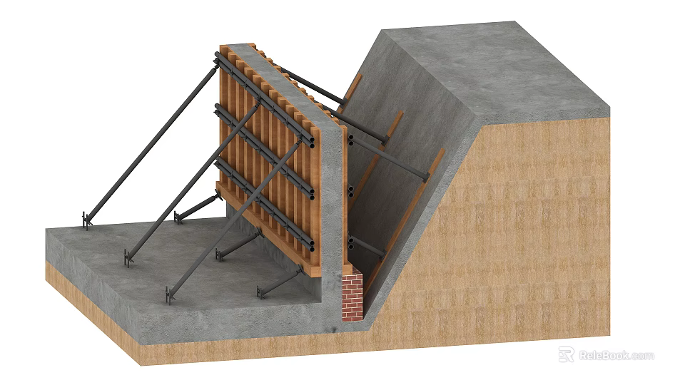 Hardware Tools for Construction Wall Support with Metal Scaffolding and Wooden Planks 3d model 
