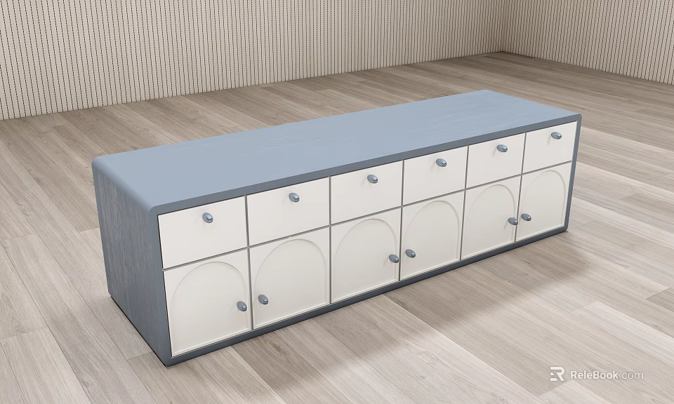 Stylish Decorative Cabinet Featuring Gray Top White Drawers Doors and Round Metal Handles 3d model 
