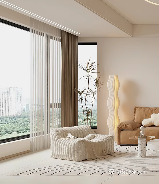 Beige Upholstered Accent Chair In Living Room With Floor Lamp Green Plants And City View 3d model 