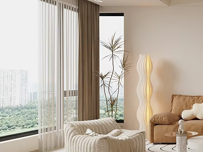 Beige Upholstered Accent Chair In Living Room With Floor Lamp Green Plants And City View 3d model