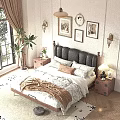 Double Bed with Black Leather Headboard White Floral Sheets and Wooden Nightstand