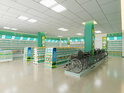 Spacious Medical Specialty Store With Wheelchairs Shelves And Product Displays 3d model