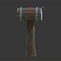 Wooden Mailbox With Metal Straps Red Ribbon Key And Mossy Tree Trunk Post