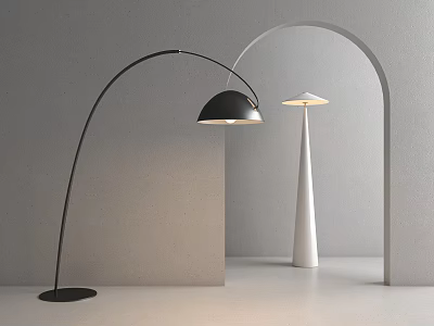 Modern Black Curved and White Cone shaped Floor Lamps With Gray Wall Archway Interior Design 3d model