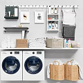 Two White Washing Machines With Shelf Storage Baskets Towels And Laundry Supplies