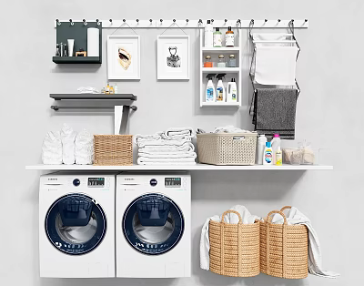 Two White Washing Machines With Shelf Storage Baskets Towels And Laundry Supplies 3d model