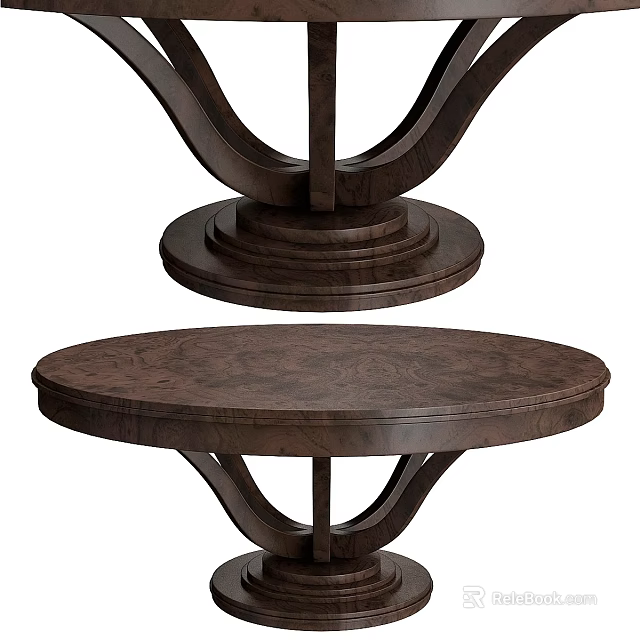 Dark Wooden Dining Table With Curved Base And Round Top Design 3d model 
