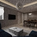 Modern Living Dining Room Interior With Blue Sofas Marble Coffee Table TV And Dining Table