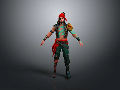 Man Dressed As Pirate With Red Headband Green Tattoos Black Vest And Green Pants 3d model