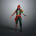 Man Dressed As Pirate With Red Headband Green Tattoos Black Vest And Green Pants