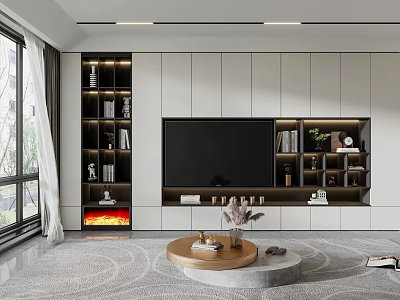 Modern Living Room TV Wall Unit With White Cabinets Illuminated Shelves And Decor 3d model