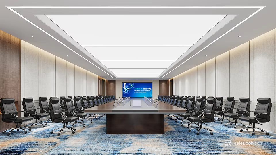 Modern Office Conference Room With Long Conference Table Black Office Chairs Large Screen And Carpet 3d model 