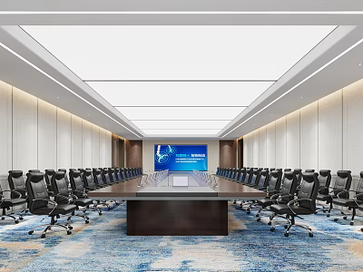 Modern Office Conference Room With Long Conference Table Black Office Chairs Large Screen And Carpet 3d model
