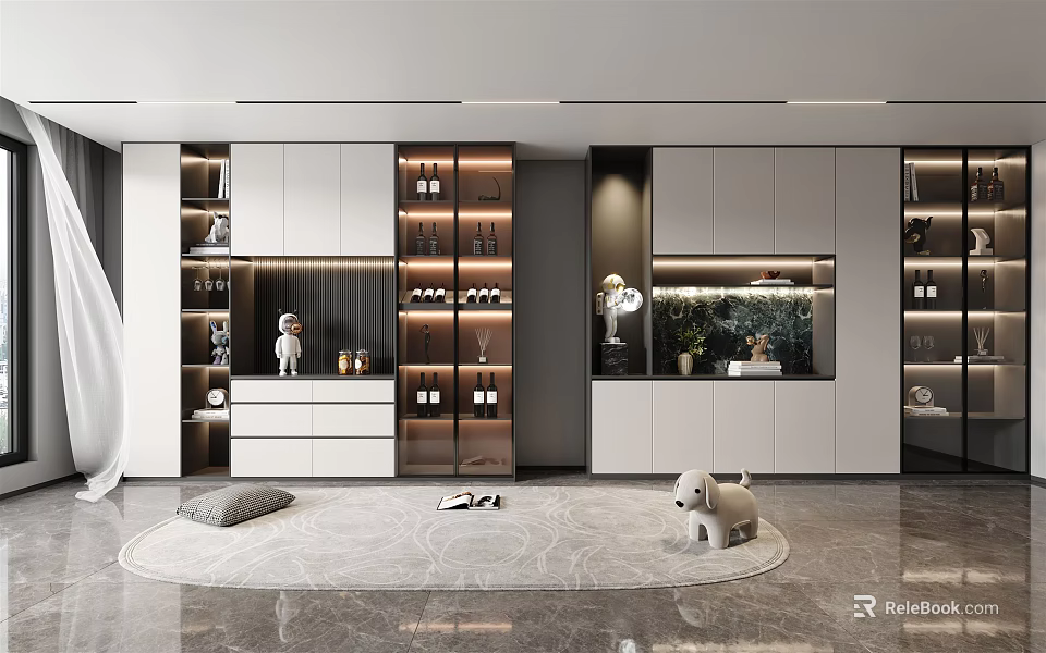 Modern Luxury Wine Cabinet With Open Glass Doors In Living Room Interior Design 3d model 