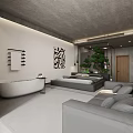 Modern Hotel Room Featuring Glass Partition Mirror Green Plants Gray Tones And Sink Counter