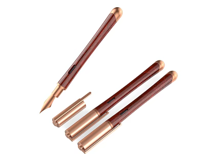 Three Piece Elegant Fountain Pens with Wooden Barrel and Copper Parts 3d model