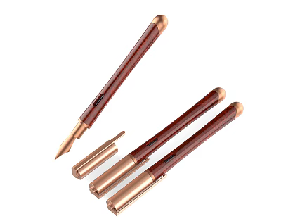 Three Piece Elegant Fountain Pens with Wooden Barrel and Copper Parts 3d model