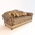 Classic Three Seater Sofa with Ornate Pattern and Gold Beige Decorative Pillows 3d model