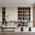 Chinese Minimalist Tea Room Interior Design With Wooden Furniture Tea Sets Bookshelves And Green Plants