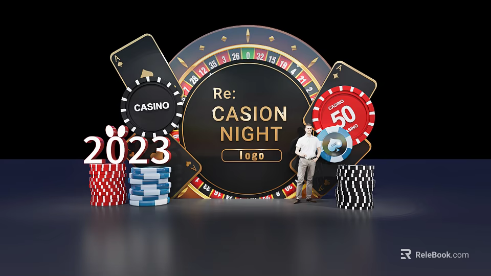 Casino Night 2023 Photo Spot With Roulette Wheel Poker Chips Playing Cards And Standing Man 3d model 