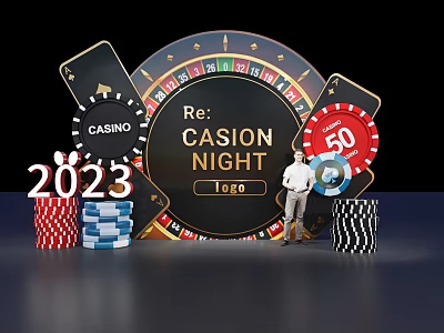 Casino Night 2023 Photo Spot With Roulette Wheel Poker Chips Playing Cards And Standing Man 3d model