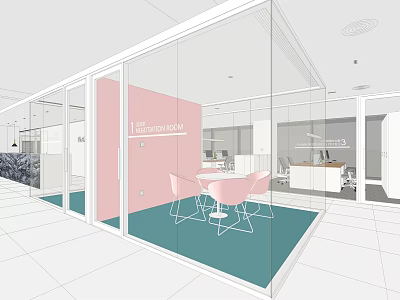 Modern Public Office Space With Glass Partitions Pink Walls And White Furniture 3d model